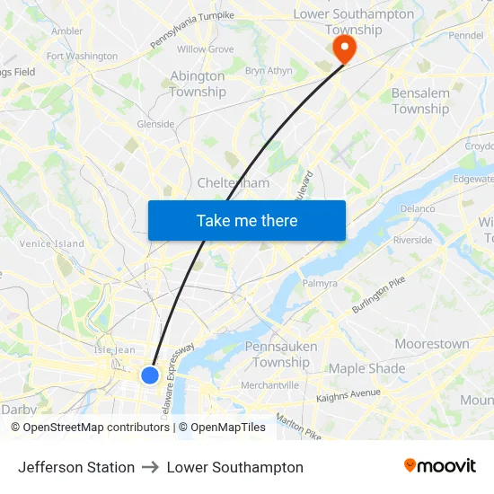 Jefferson Station to Lower Southampton map