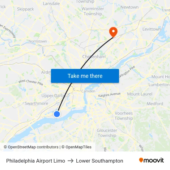 Philadelphia Airport Limo to Lower Southampton map