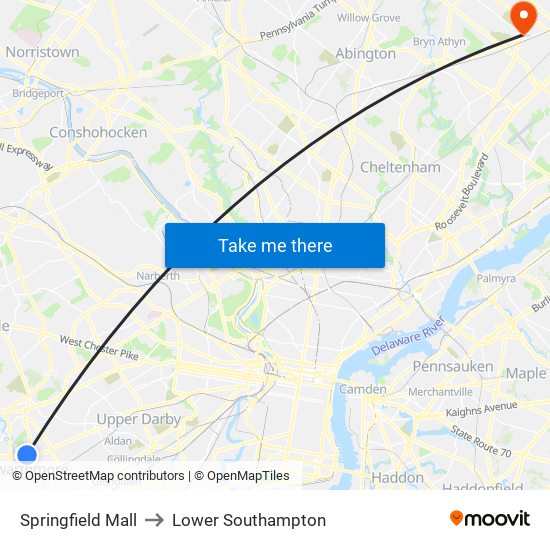 Springfield Mall to Lower Southampton map