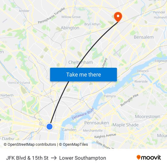 JFK Blvd & 15th St to Lower Southampton map