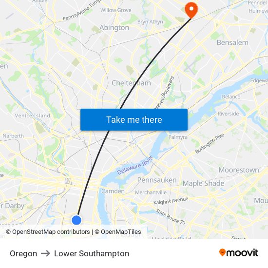 Oregon to Lower Southampton map