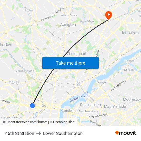 46th St Station to Lower Southampton map