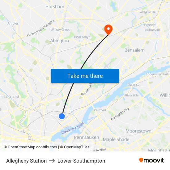 Allegheny Station to Lower Southampton map