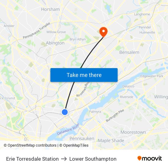 Erie Torresdale Station to Lower Southampton map
