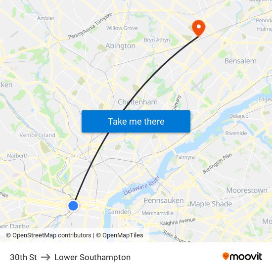 30th St to Lower Southampton map