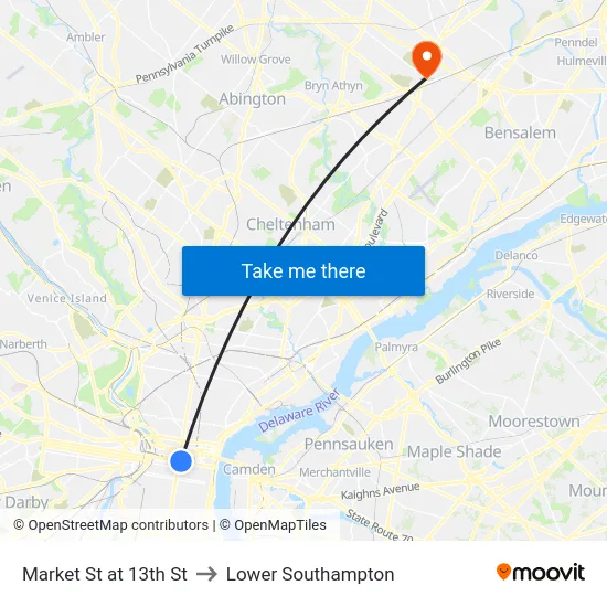 Market St at 13th St to Lower Southampton map