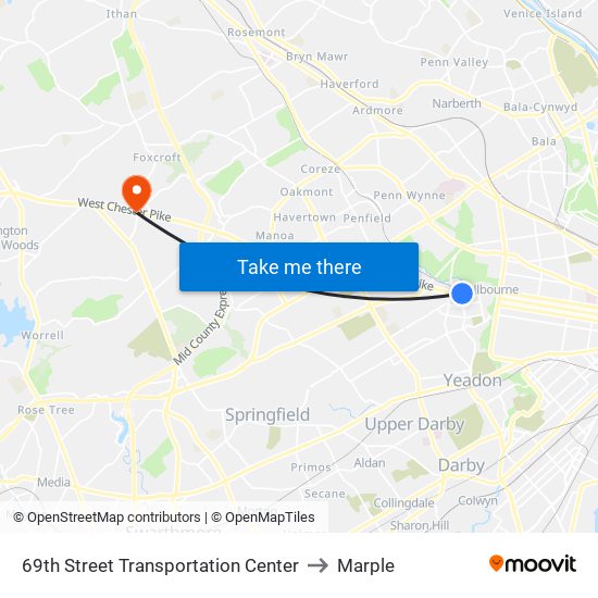 69th Street Transportation Center to Marple map