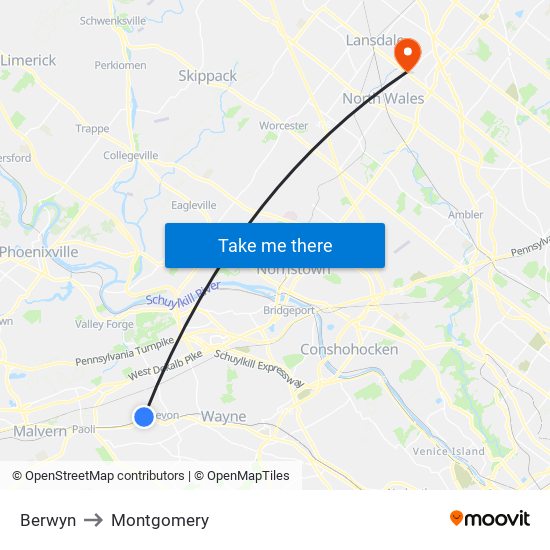 Berwyn to Montgomery map