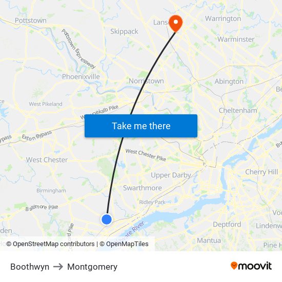 Boothwyn to Montgomery map