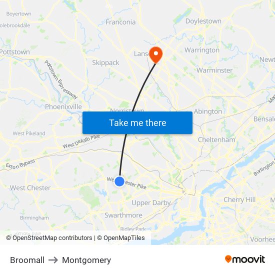 Broomall to Montgomery map