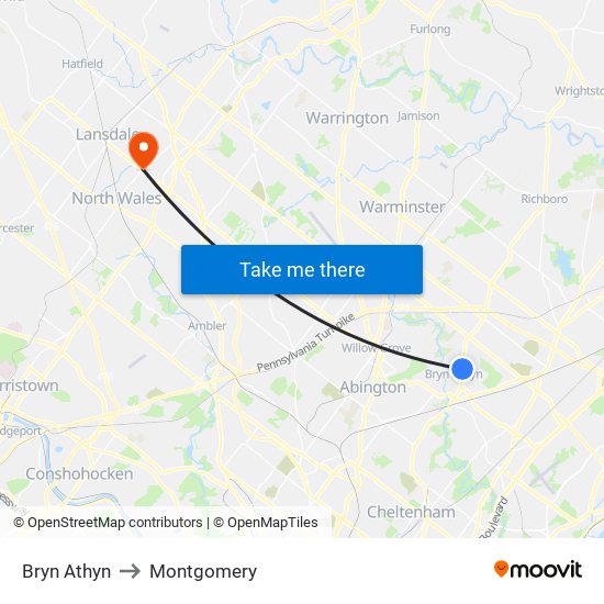 Bryn Athyn to Montgomery map