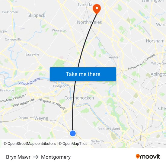 Bryn Mawr to Montgomery map