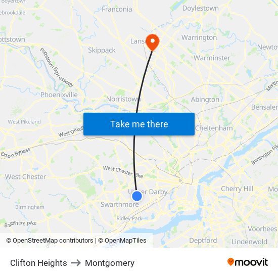 Clifton Heights to Montgomery map