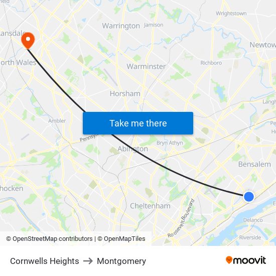 Cornwells Heights to Montgomery map