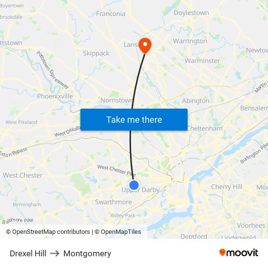 Drexel Hill to Montgomery map