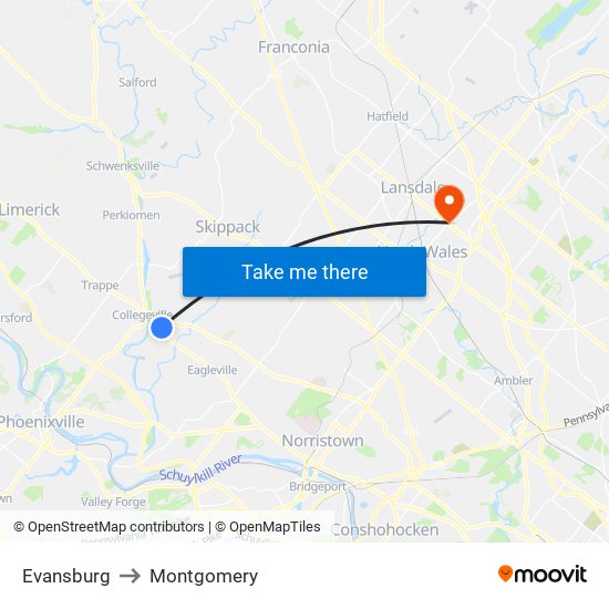 Evansburg to Montgomery map