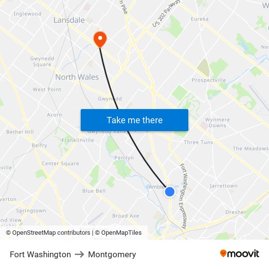Fort Washington to Montgomery map