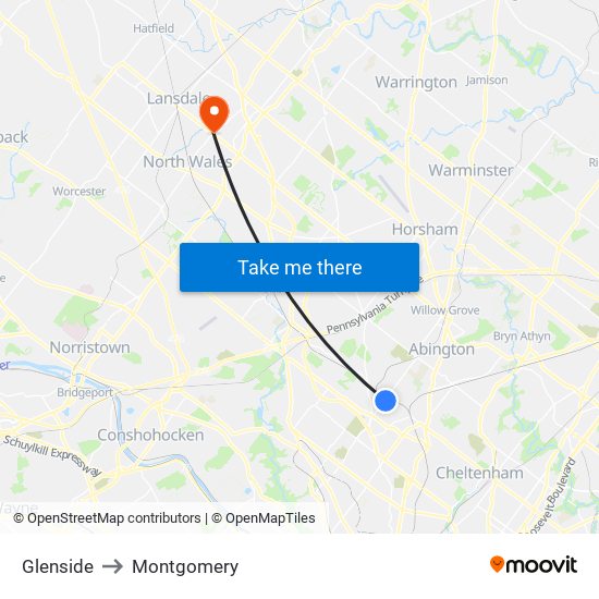 Glenside to Montgomery map