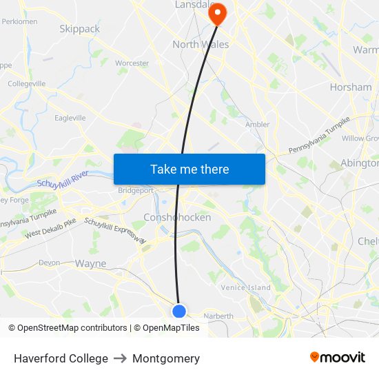 Haverford College to Montgomery map