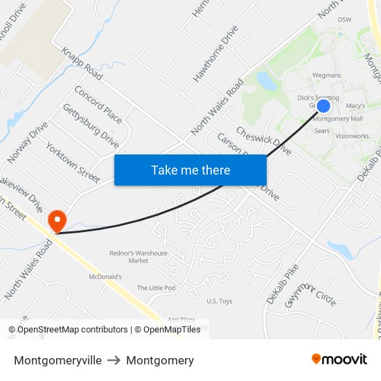 Montgomeryville to Montgomery map