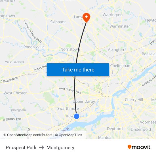 Prospect Park to Montgomery map