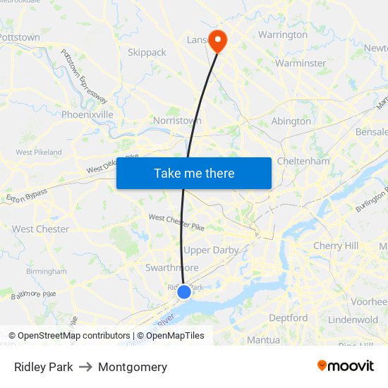 Ridley Park to Montgomery map