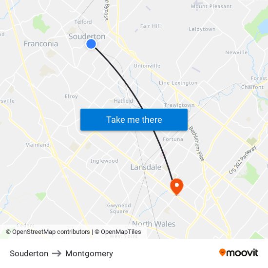 Souderton to Montgomery map