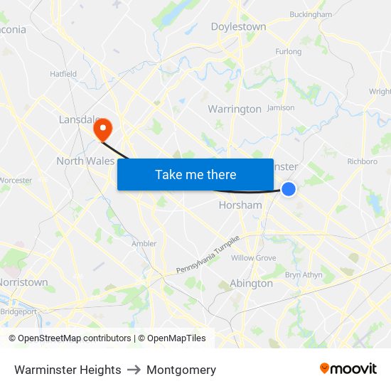 Warminster Heights to Montgomery map