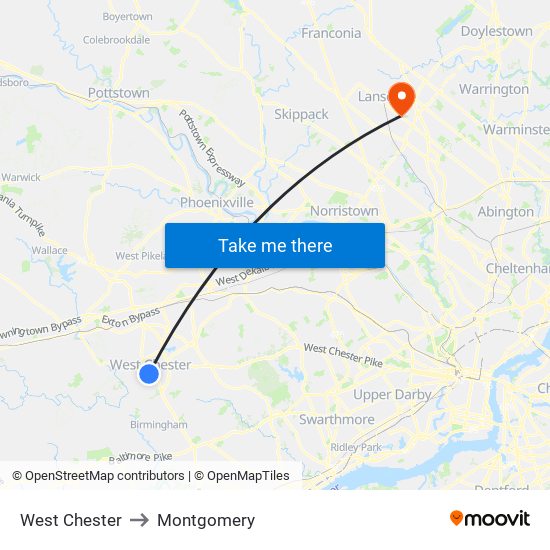 West Chester to Montgomery map