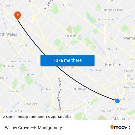 Willow Grove to Montgomery map