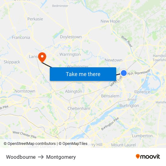 Woodbourne to Montgomery map