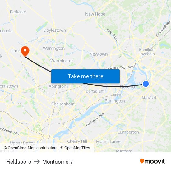 Fieldsboro to Montgomery map