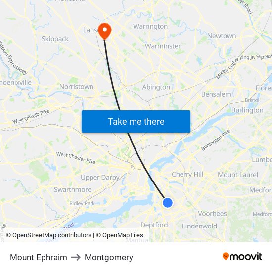 Mount Ephraim to Montgomery map