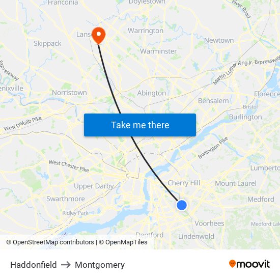Haddonfield to Montgomery map