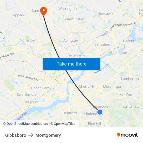 Gibbsboro to Montgomery map
