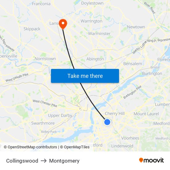 Collingswood to Montgomery map