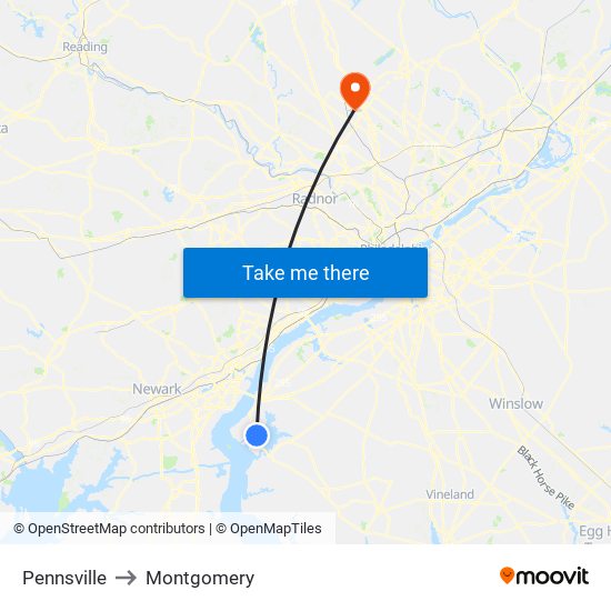 Pennsville to Montgomery map