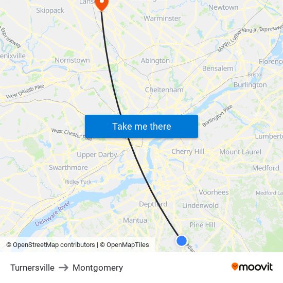 Turnersville to Montgomery map