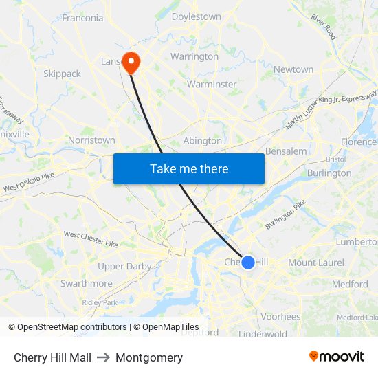 Cherry Hill Mall to Montgomery map