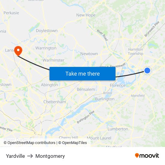 Yardville to Montgomery map