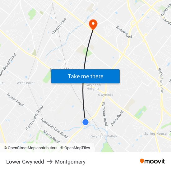 Lower Gwynedd to Montgomery map