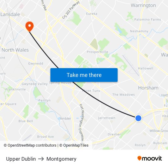 Upper Dublin to Montgomery map