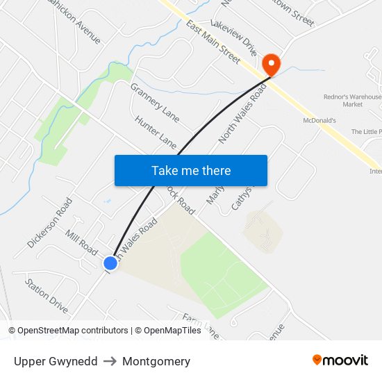 Upper Gwynedd to Montgomery map