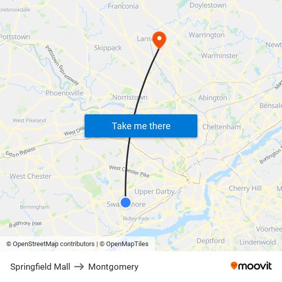 Springfield Mall to Montgomery map