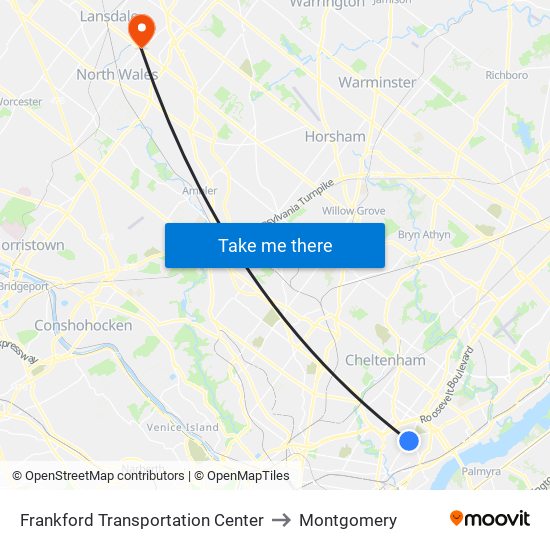 Frankford Transportation Center to Montgomery map