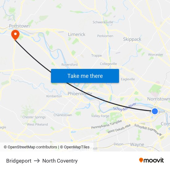 Bridgeport to North Coventry map