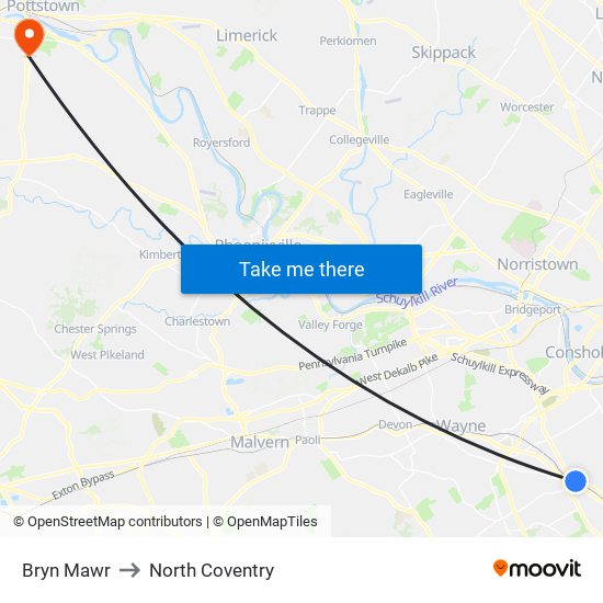 Bryn Mawr to North Coventry map