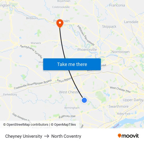 Cheyney University to North Coventry map