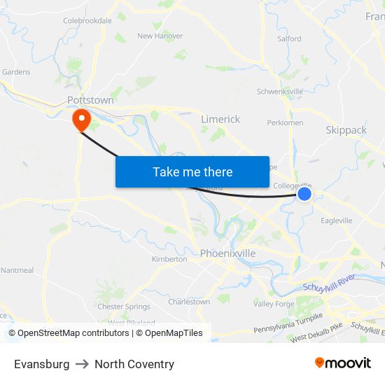 Evansburg to North Coventry map