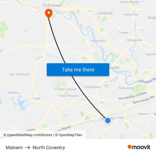Malvern to North Coventry map